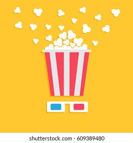3D paper red blue glasses and big popping popcorn box. Cinema movie night icon in flat design style. Yellow background. Vector illustration