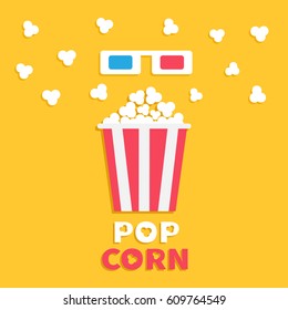 Lentes de papel rojo y gran caja de canchita. Comida rápida. Icono de película de cine de diseño plano. Fondo amarillo con texto. Ilustración del vector