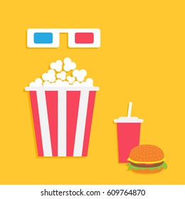 3D paper red blue glasses and big popcorn box. Soda with straw, hamburger. Fast food set. Cinema movie night icon in flat design style. Yellow background. Vector illustration