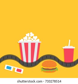 3D paper red blue glasses and big popcorn box. Soda with straw, hamburger. Film strip line. Fast food set. Cinema movie night icon in flat design style. Yellow background. Vector illustration