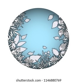3D paper. Round frame cut from paper. Wedding floral invite, invtation card design. green leaves, greenery fern