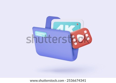 3d paper sheet and folder for management multimedia file cyberspace. Image paperwork and video document folder icon. Document efficient work on project plan. 3d picture icon vector render Illustration