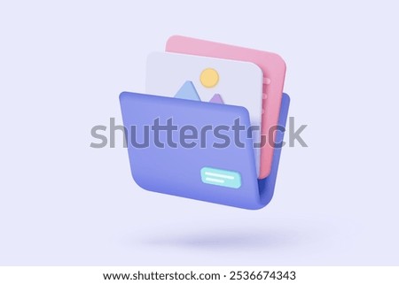 3d paper sheet and folder for management multimedia file cyberspace. Image paperwork and video document folder icon. Document efficient work on project plan. 3d picture icon vector render Illustration