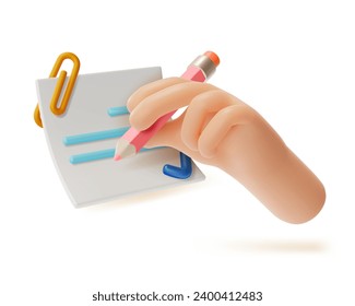 3d Paper Sheet Letter with Check Mark and Human Hand Holding Pencil Style Isolated on a White Background. Vector illustration of Work Contract Concept