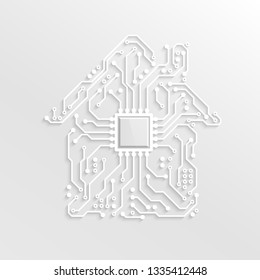 3D Paper Smart Home Concept. Circuit House with CPU inside. Future Technology Background. Vector Illustration