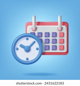 3D Paper Spiral Wall Calendar and Clocks Isolated. Render Calendar and Alarm Clocks. Schedule, Appointment, Organizer, Timesheet, Time Management, Important Date. Cartoon Vector Illustration