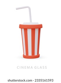 3D paper striped cup with opaque lid and straw. Utensils for cold drinks. Image on white background with shadow. Cinema classic colored packaging product