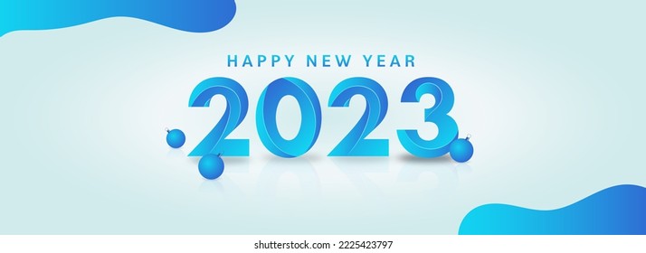 3D Paper Style 2023 Number With Baubles Against Glossy Blue Background For Happy New Year Concept.