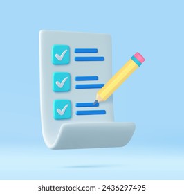 3d paper task management todo check list with pencil, pencil note, exam paper checklist icon. 3D Rendering. Vector illustration