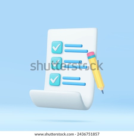 3d paper task management todo check list with pencil, pencil note, exam paper checklist icon. 3D Rendering. Vector illustration