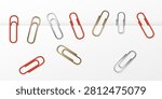 3D paperclip element set in metallic red gold and silver. Isolated clip and fastener objects with wire loop, binder and office stationery details for document organization and school use.