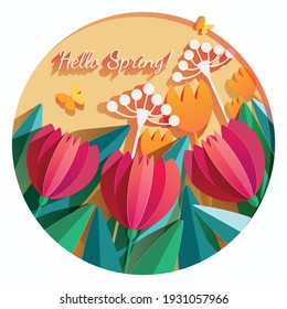 3D papercut banner with beautiful spring flowers and butterfly. Hello Spring paper cut and craft style. Vector, illustration.