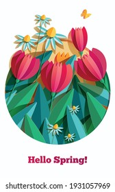 3D papercut banner with beautiful spring flowers and butterfly. Hello Spring paper cut and craft style. Vector, illustration.