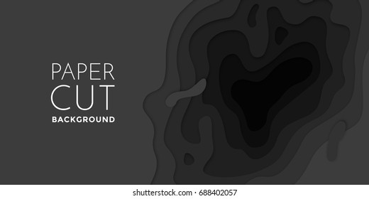 Banner de papel 3D de capas de papel negro degradado. Diseño de fondo vectorial de corte horizontal de papel de forma de origami liso, textura líquida fluida o concepto topográfico para la plantilla de sitio web.