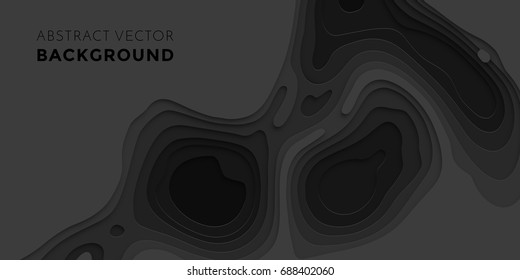 3D papercut banner of gradient black paper layers. Vector background design of horizontal abstract smooth origami shape paper cut, flowing liquid texture or topography concept for website template.
