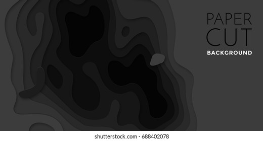 Banner de papel 3D de capas de papel negro degradado. Diseño de fondo vectorial de corte horizontal de papel de forma de origami liso, textura líquida fluida o concepto topográfico para la plantilla de sitio web.