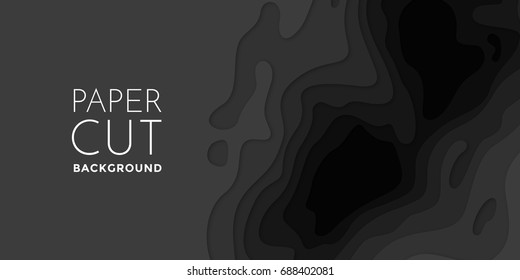 3D papercut banner of gradient black paper layers. Vector background design of horizontal abstract smooth origami shape paper cut, flowing liquid texture or topography concept for website template.