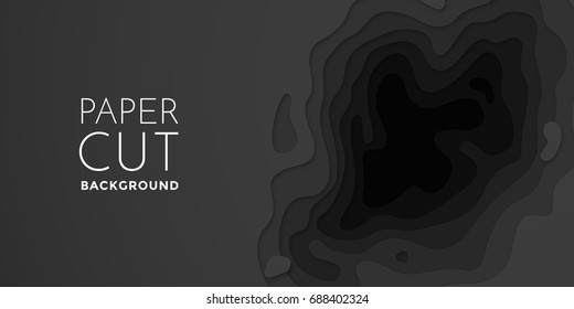 3D papercut banner of gradient black paper layers. Vector background design of horizontal abstract smooth origami shape paper cut, flowing liquid texture or topography concept for website template.