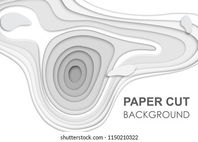 3D papercut banner of gradient white paper layers. Vector background design of horizontal abstract smooth origami shape paper cut, flowing liquid texture or topography concept for website template.