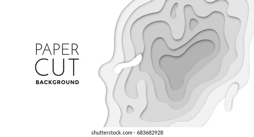 3D papercut banner of gradient white paper layers. Vector background design of horizontal abstract smooth origami shape paper cut, flowing liquid texture or topography concept for website template.