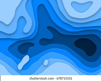 3D papercut blue gradient layers effect texture vector background. Abstract water art design of flowing liquid or origami paper cut layer smooth shape.