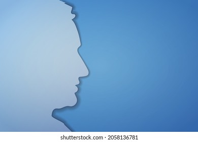 3D papercut mans face silhouette on blue background