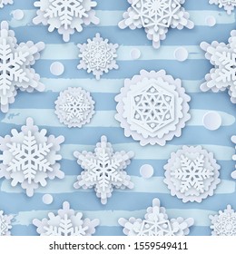 3D Papercut Schneeflocken Nahtloses Muster. Geometrisches fallendes Symbol für Schneeflocken einzeln auf Blau. Wintersaison schneebedeckte Wetterlage. Weihnachten, Neujahr, Noel Grußkarte. Schneeflocken aus Vektorgrafik