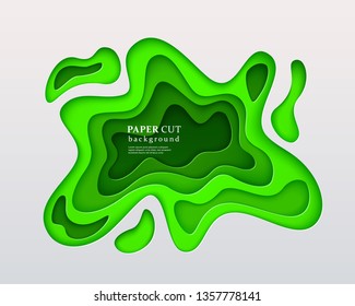 3d papercut style background. Green composition with a layered effect of flowing shapes with a shadow, carving art. Abstract paper cut design, vector illustration