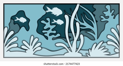 3d papercut underwater world seascape.Layered laser cut template. Ocean, corals, fish, sea weeds.  Template with multi layers,  blue and teal background, vector illustration