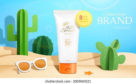 3d papercutting sunscreen ad. Illustration of sunblock product displayed on the desert background made by paper