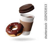 3d Papper coffee Cup with coffee and chocolate donat. Takeaway coffee or tea to go or delivery food concept. Vector illustration isolated on white background.
