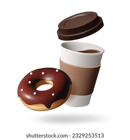 3d Papper coffee Cup with coffee and chocolate donat. Takeaway coffee or tea to go or delivery food concept. Vector illustration isolated on white background.