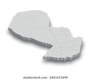 3d Paraguay mapa blanco con regiones aisladas sobre fondo blanco