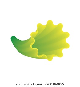 Superfície paramétrica 3D semelhante a uma concha torcida com borda amarela canelada e corpo gradiente verde. Ideal para ilustrações vetoriais abstratas, matemáticas e científicas.