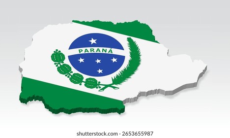 Mapa 3D Paraná do Brasil com bandeira. Mapa tridimensional da Bahia com sombra. Bandeira do Paraná sobre fundo branco para o seu design.  Brasil. EPS10 