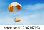 3d parcel delivery. Airdrop fly box shipping by balloon. Cardboard package mail with parachute. Cargo product speed order creative distribution in sky. Cloud service for online ecommerce assistance