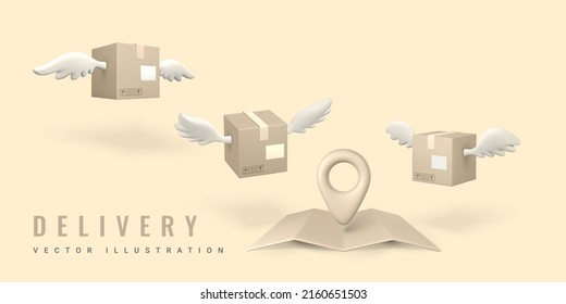 3D-Parzellen mit Flügeln fliegen zum Zielort. Lieferservice-Konzept. Vektorgrafik.