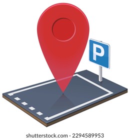 3d parking space with its traffic sign and floor marking with a red map location marker on it (cut out)