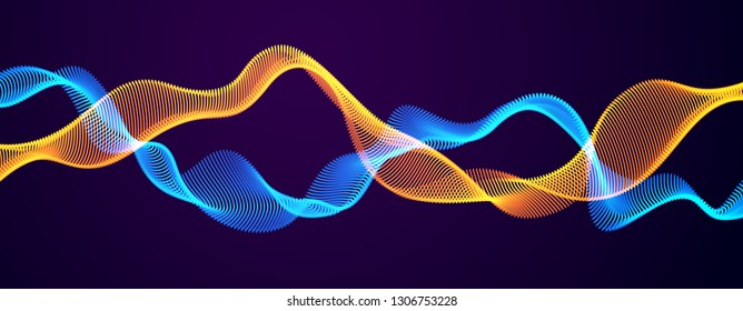 3d particles mesh array, mutual sound wave flowing over dark. Round shining points vector effect illustration. Blended mesh, future technology relaxing wallpaper.