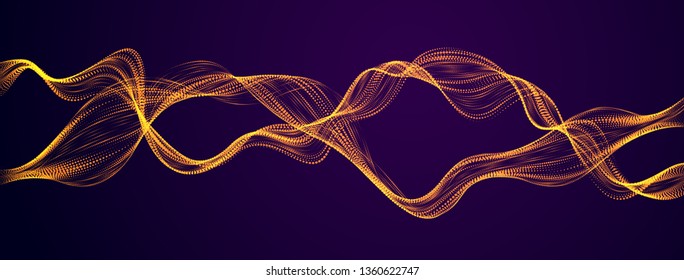 3d particles mesh array, mutual sound wave flowing over dark. Round shining points vector effect illustration. Blended mesh, future technology relaxing wallpaper.