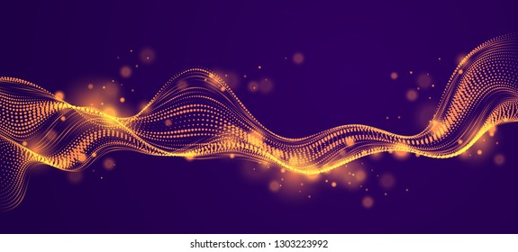 3d particles mesh array, sound wave flowing over dark. Round shining points vector effect illustration. Blended mesh, future technology relaxing wallpaper.