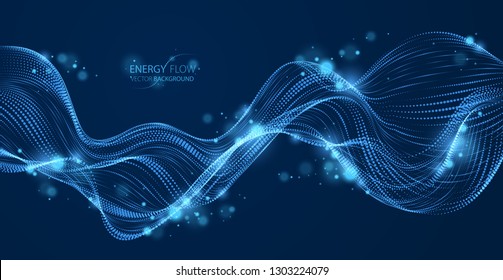 3d particles mesh array, sound wave flowing over dark. Round shining points vector effect illustration. Blended mesh, future technology relaxing wallpaper.