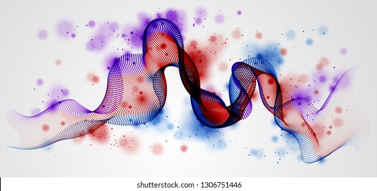 3d particles mesh array, sound wave flowing. Round points vector effect illustration. Blended mesh, future technology relaxing wallpaper.