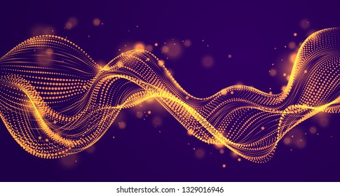 3d particles mesh array, sound wave flowing over dark. Round shining points vector effect illustration. Blended mesh, future technology relaxing wallpaper.