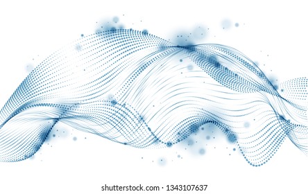3d particles mesh array, sound wave flowing. Round points vector effect illustration. Blended mesh, 3d futuristic technology style.