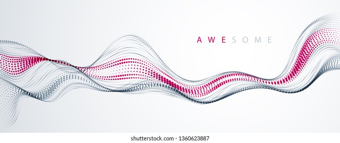 3d particles mesh array, sound wave flowing. Round points vector effect illustration. Blended mesh, 3d futuristic technology style.