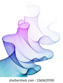3d particles mesh array, sound wave flowing, transparent tulle textile on wind. Round points vector effect illustration. Blended mesh, calming relaxing wallpaper.