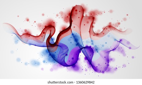 3d particles mesh array, sound wave flowing. Round points vector effect illustration. Blended mesh, future technology relaxing wallpaper.