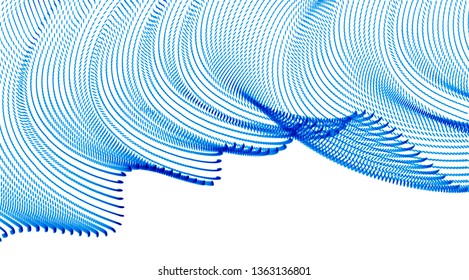 3d particles mesh array, sound wave flowing, transparent tulle textile on wind. Round points vector effect illustration. Blended mesh, calming relaxing wallpaper.