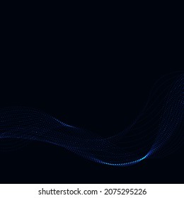 3d particles mesh array, sound wave flowing over dark background. Shining points vector effect illustration.